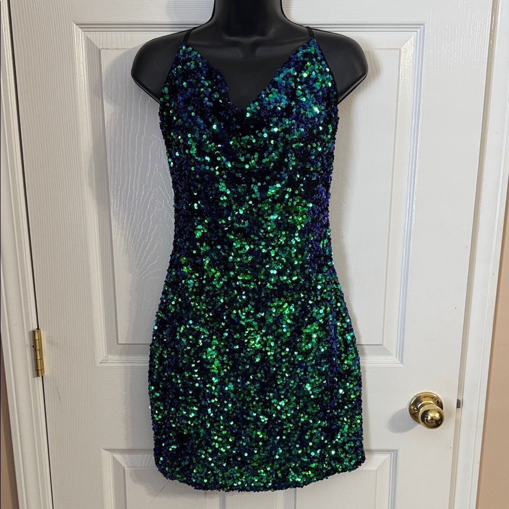 Sequin Halter Dress in Green and Blue